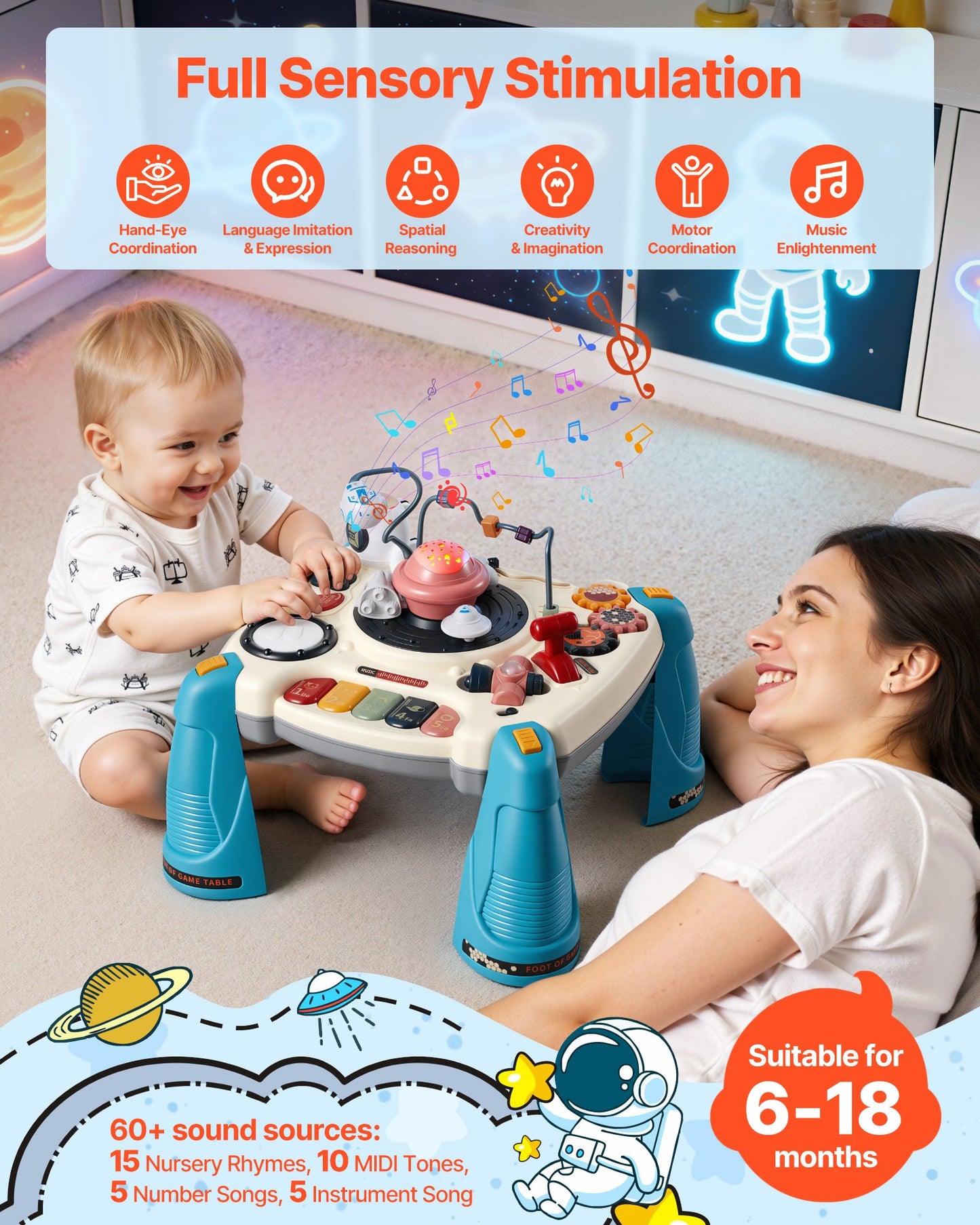 Mesa Musical Espacial para Bebés 1-3 Años – Con Proyector de Estrellas