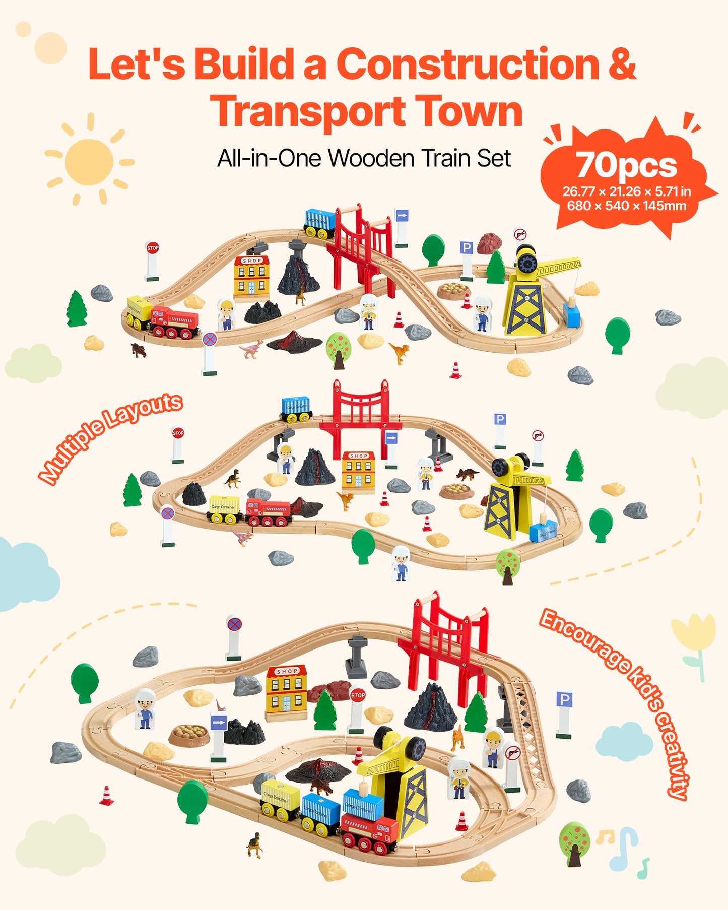 Set de Tren de Madera 70 Piezas con Grúa Magnética