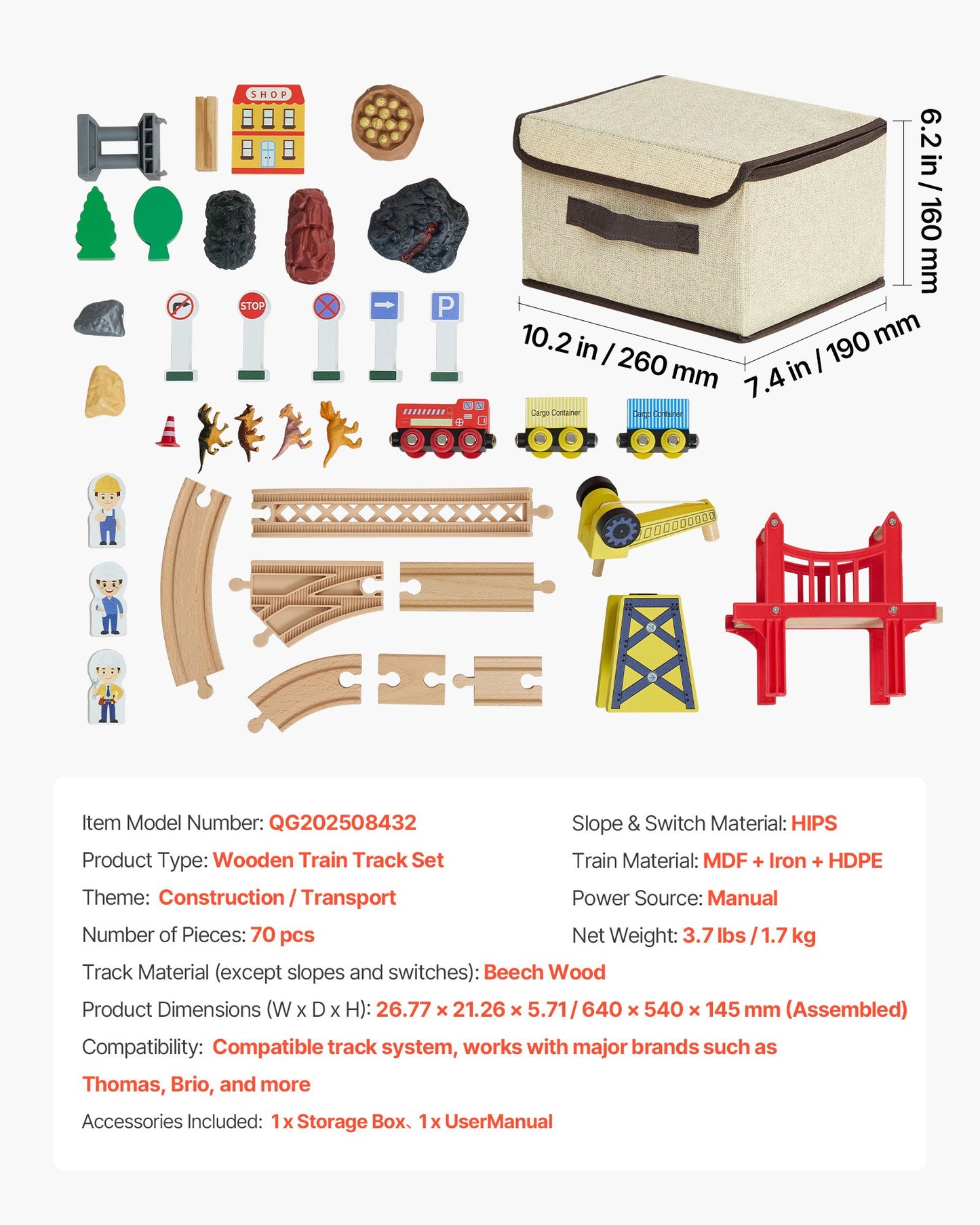 Set de Tren de Madera 70 Piezas con Grúa Magnética