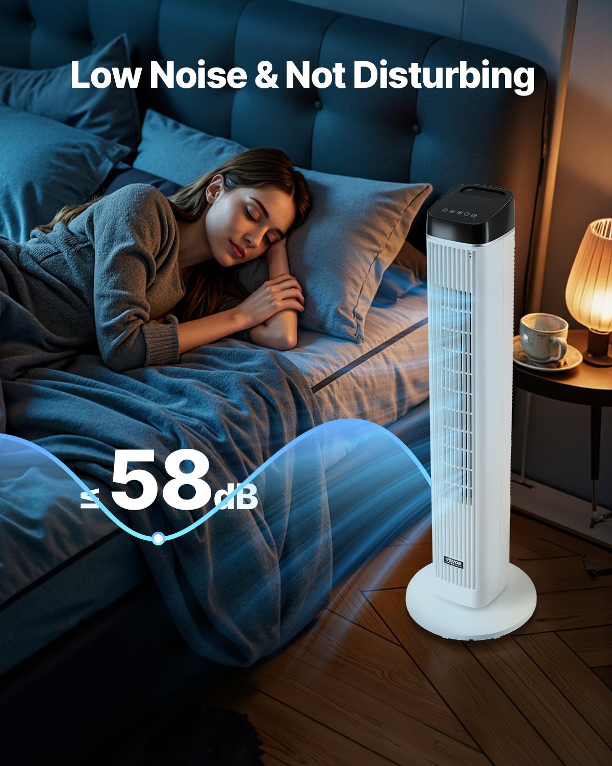 Ventilador de torre, ventilador de piso silencioso Velocity de 22 ft/s, ventiladores oscilantes de 70° para