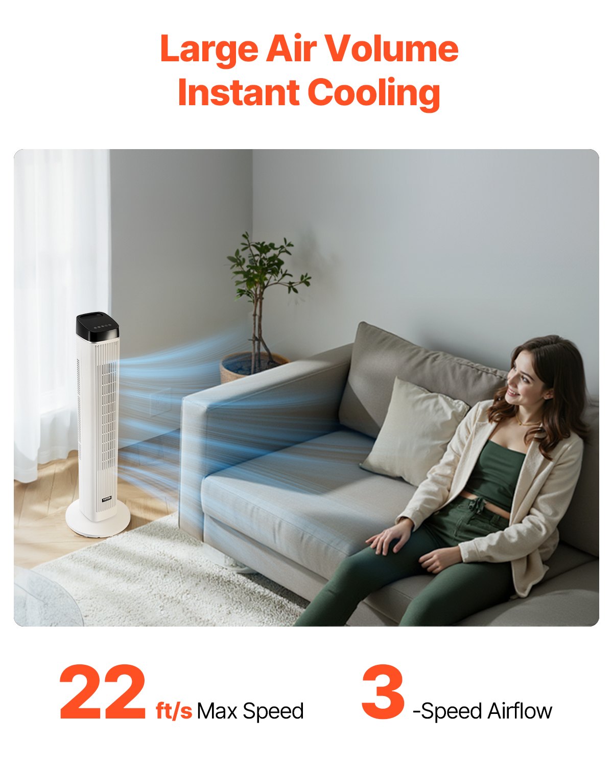 Ventilador de torre, ventilador de piso silencioso Velocity de 22 ft/s, ventiladores oscilantes de 70° para