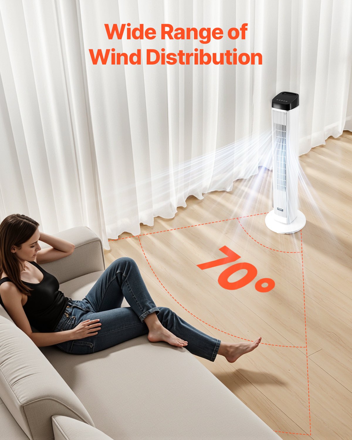 Ventilador de torre, ventilador de piso silencioso Velocity de 22 ft/s, ventiladores oscilantes de 70° para