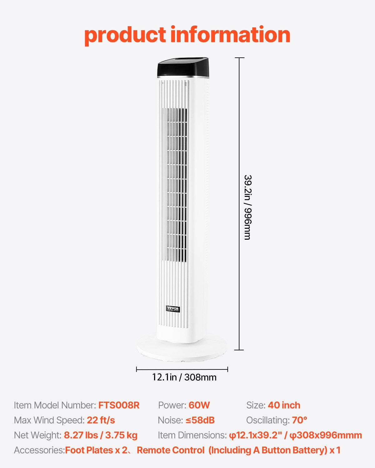 Ventilador de torre, ventilador de piso silencioso Velocity de 22 ft/s, ventiladores oscilantes de 70° para