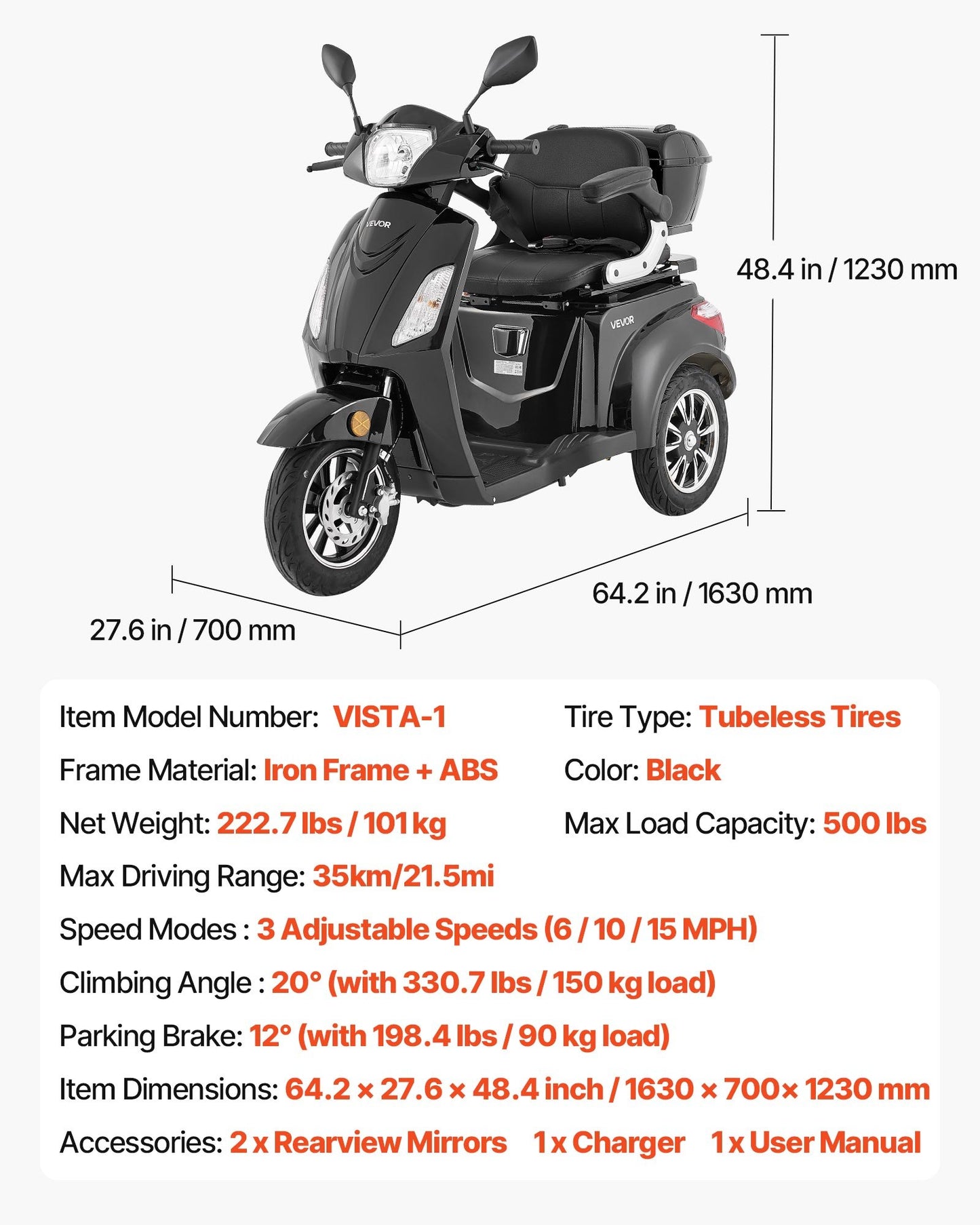 Scooters de movilidad de 3 ruedas de alta resistencia para personas mayores y adultos, hasta 227 kg (500 libras).