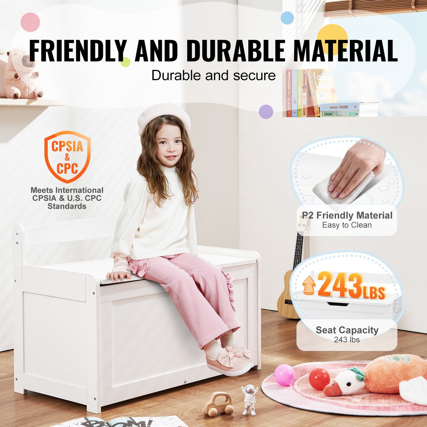Cofre de juguetes de madera para niños, caja de almacenamiento de juguetes para niños pequeños con tapa abatible.