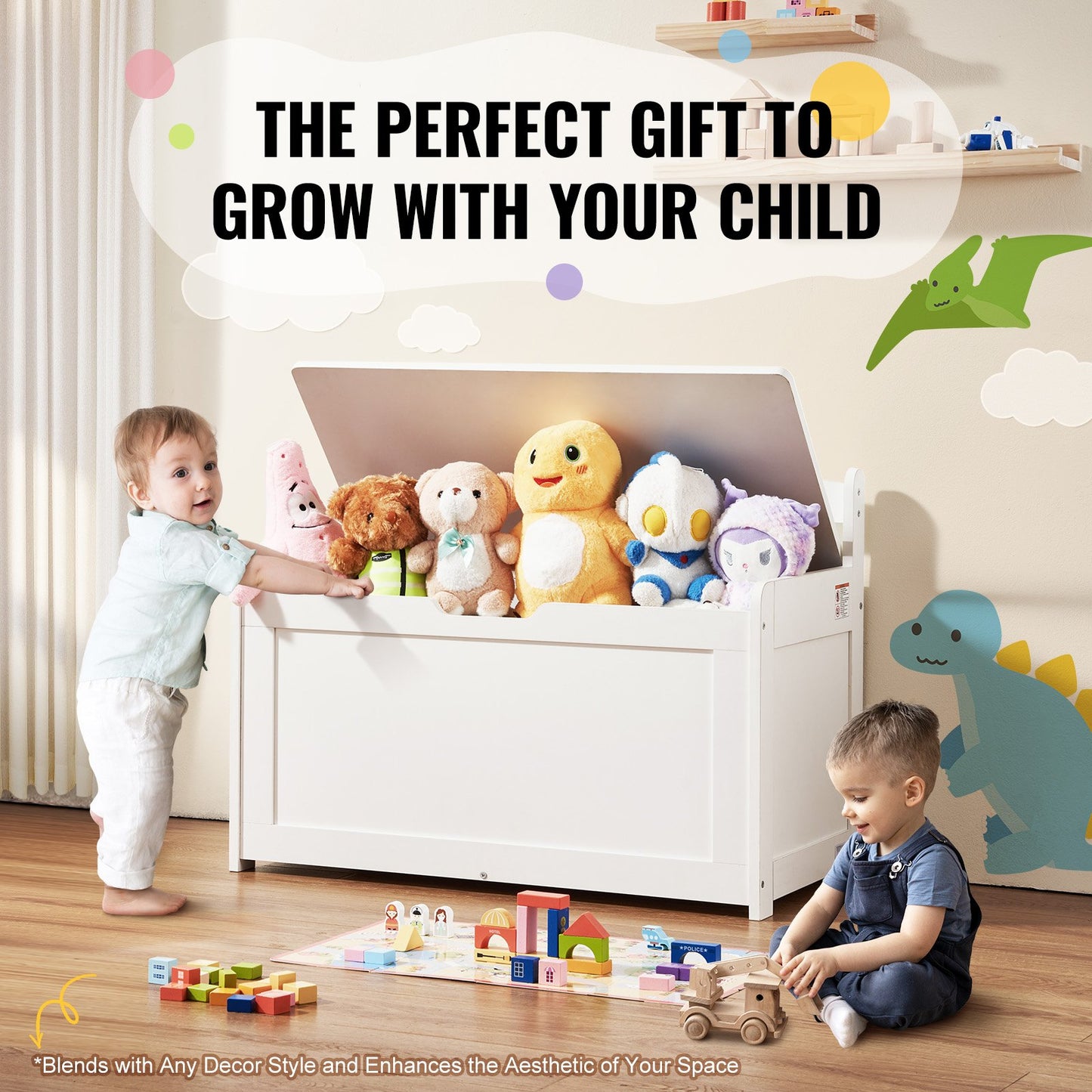 Cofre de juguetes de madera para niños, caja de almacenamiento de juguetes para niños pequeños con tapa abatible.