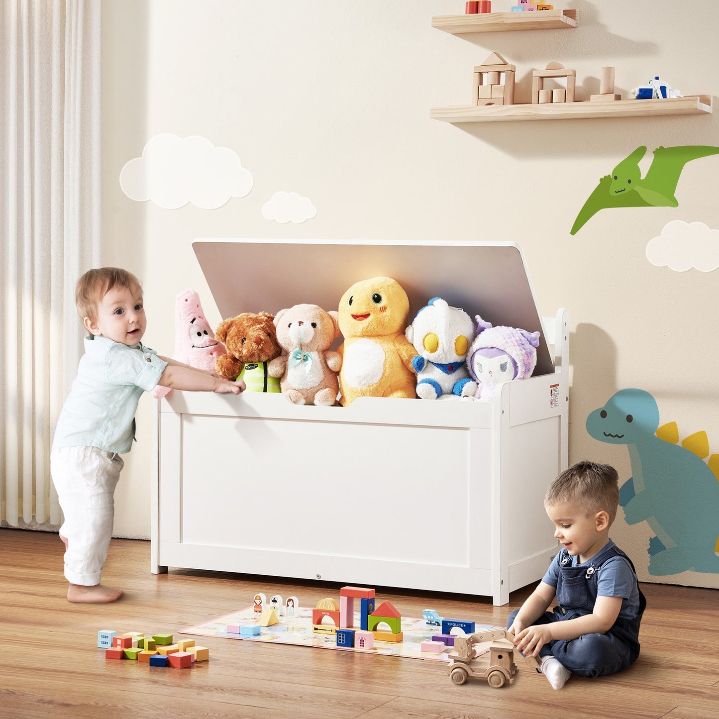 Cofre de juguetes de madera para niños, caja de almacenamiento de juguetes para niños pequeños con tapa abatible.