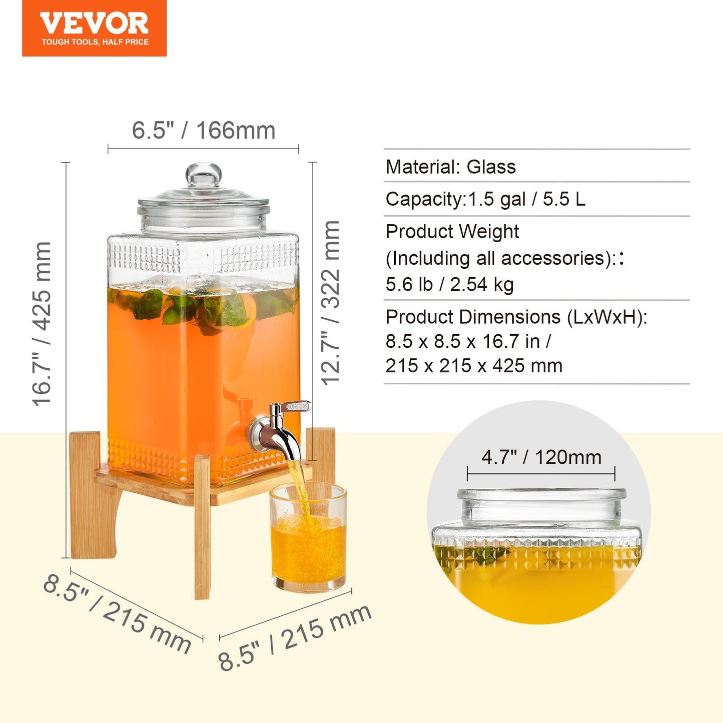 Dispensador de Bebidas 5,5 L con Grifo de Acero Inoxidable y Base de Madera